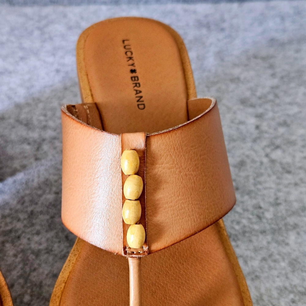 Lucky Brand Womens Tan Leather Beaded Thong Platform Block Heel Sandals Size 9M - Picture 9 of 10